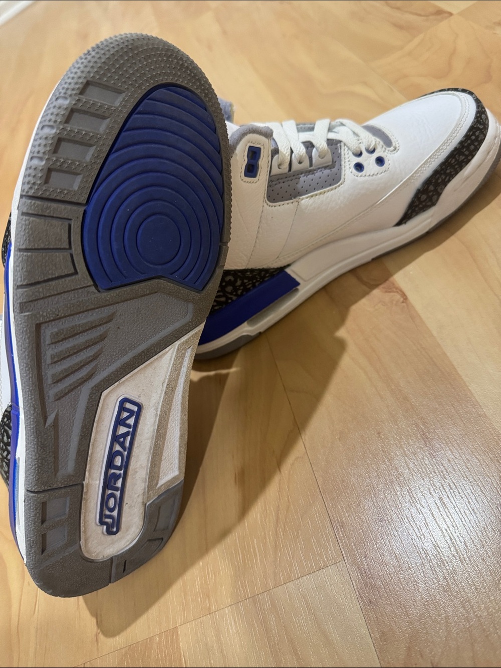 Jordan Retro Kids' White, Gray & Royal Blue Sneakers - Picture 3 of 5